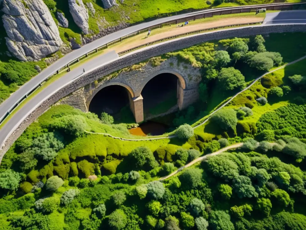 Imagen aérea de métodos de refuerzo y estabilización en túneles antiguos, con arcos intrincados, estructuras de soporte y formaciones geológicas