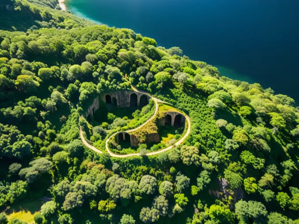 Imagen aérea de paisaje montañoso con antiguos túneles ocultos entre la vegetación