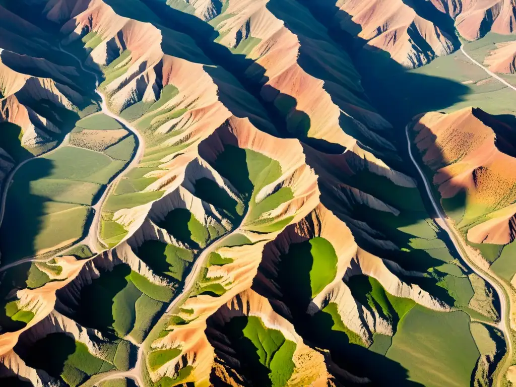 Imagen aérea de paisaje rocoso con sombras alargadas, revelando intrincado laberinto de túneles y cavidades