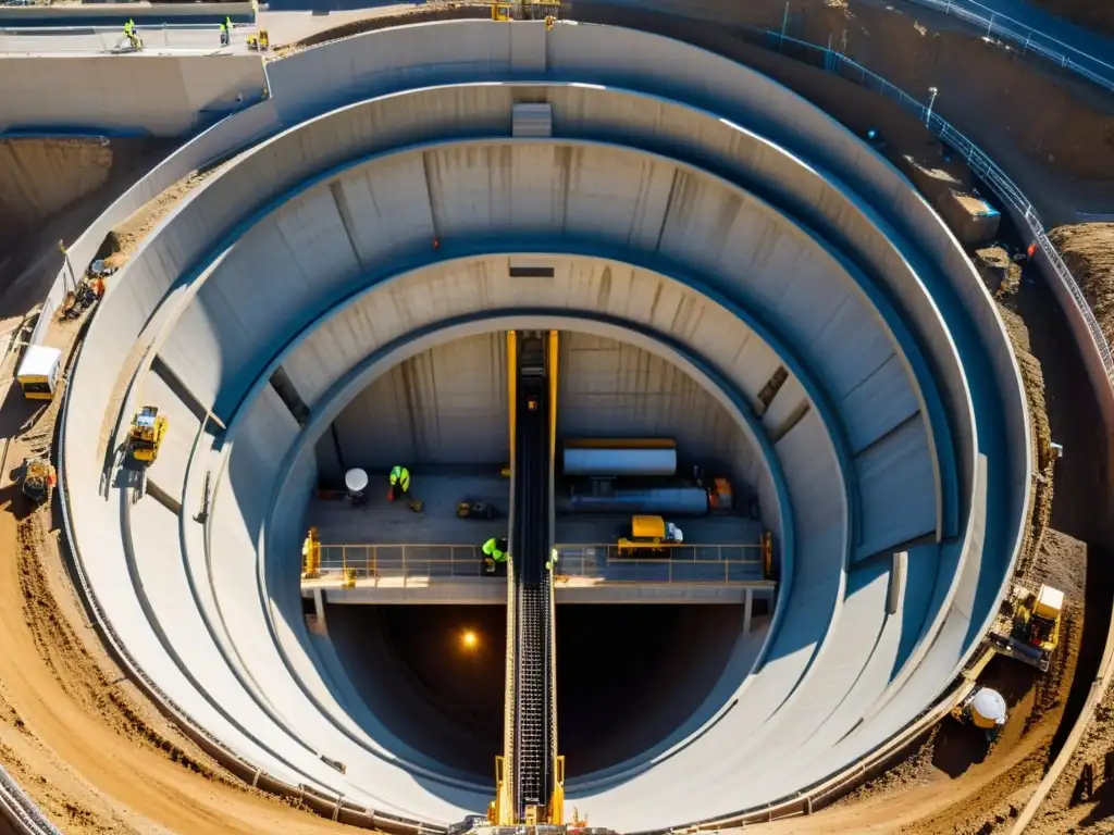 Imagen aérea de alta resolución de un sitio de construcción de túneles, mostrando la complejidad y escala masiva del proyecto