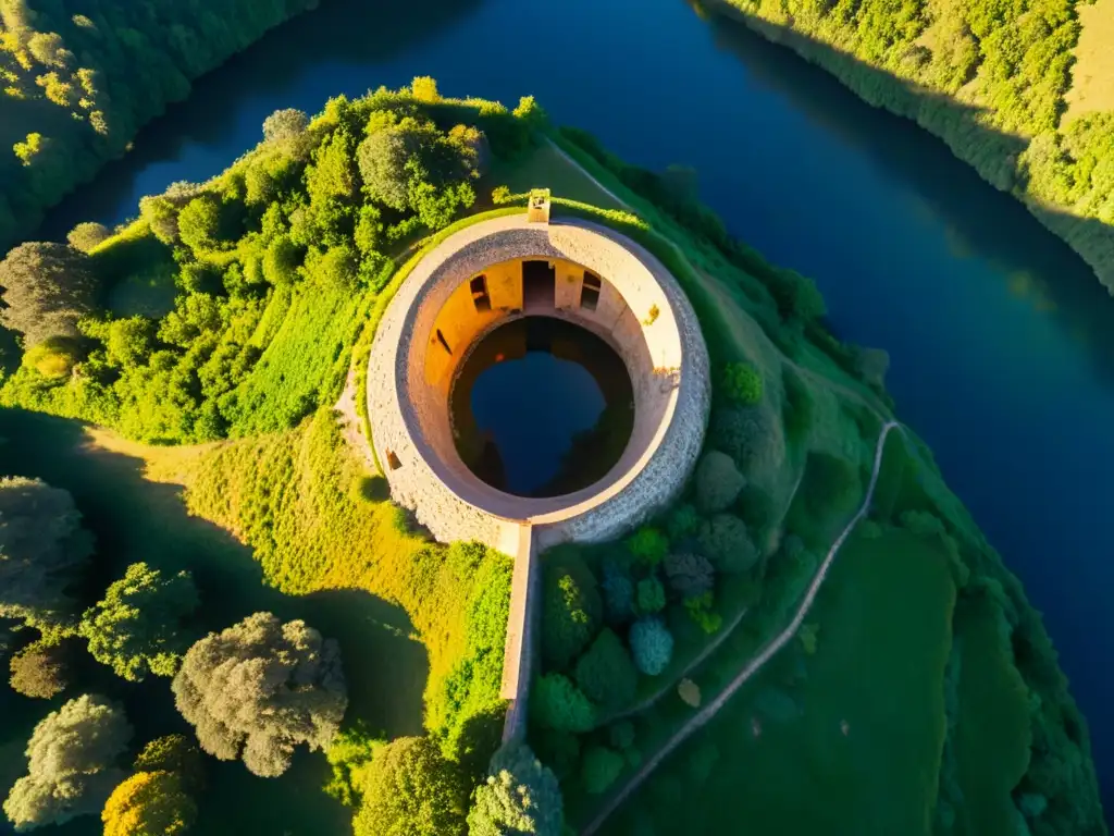 Imagen aérea de túneles antiguos con refuerzo estructural, bañados por la cálida luz dorada del atardecer y adornados con arte indígena