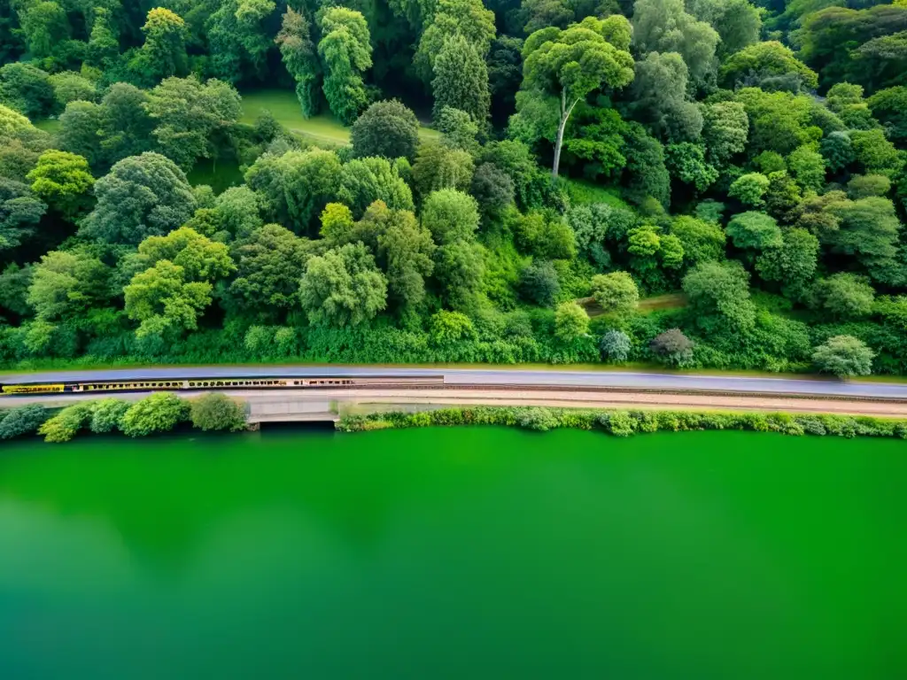 Imagen aérea de túneles históricos rodeados de exuberante vegetación y un río serpenteante