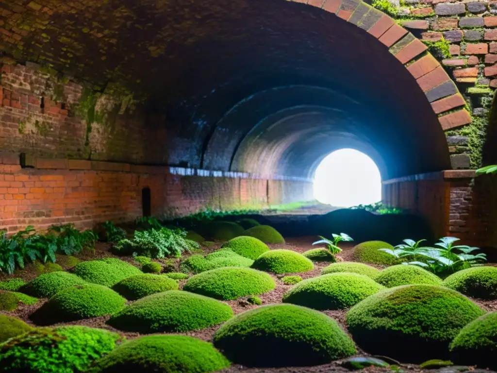 Imagen de un antiguo túnel subterráneo con iluminación tenue, ladrillos intrincados, musgo y plantas, evocando misterio e historia