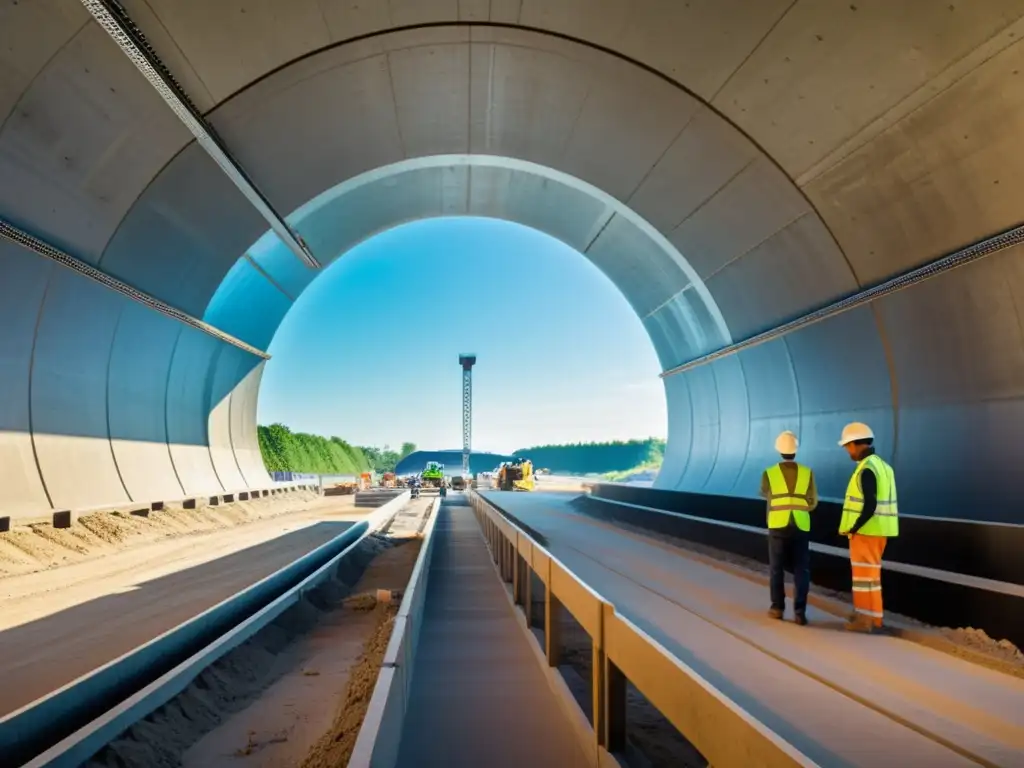 Imagen de construcción de túnel moderno con materiales ecológicos, maquinaria avanzada y enfoque en sostenibilidad