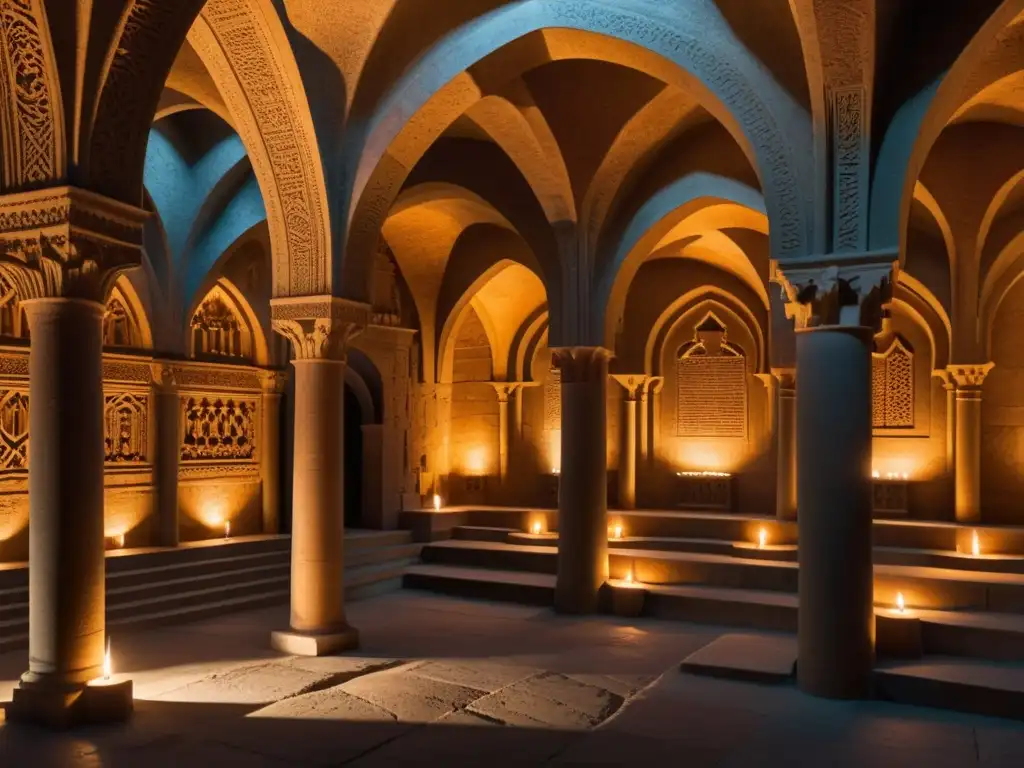 Imagen detallada de una catedral subterránea iluminada por velas, resaltando la solemnidad y el significado espiritual