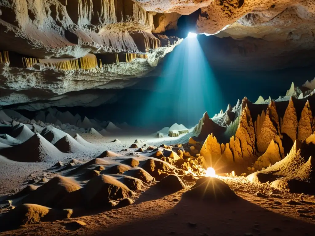 Imagen detallada de un complejo sistema de cuevas subterráneas, resaltando formaciones rocosas y capas geológicas