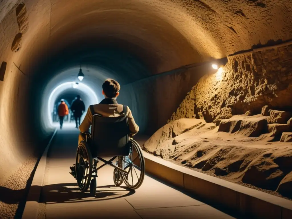 Imagen 8K detallada de un túnel histórico, adaptado para accesibilidad, con visitantes diversos disfrutando del sitio histórico