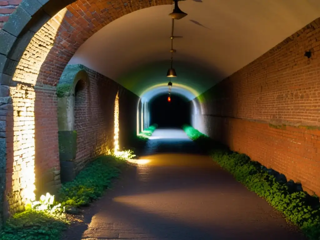 Una imagen documental de alta resolución de un túnel histórico con intrincada albañilería, iluminación tenue y piedras cubiertas de musgo