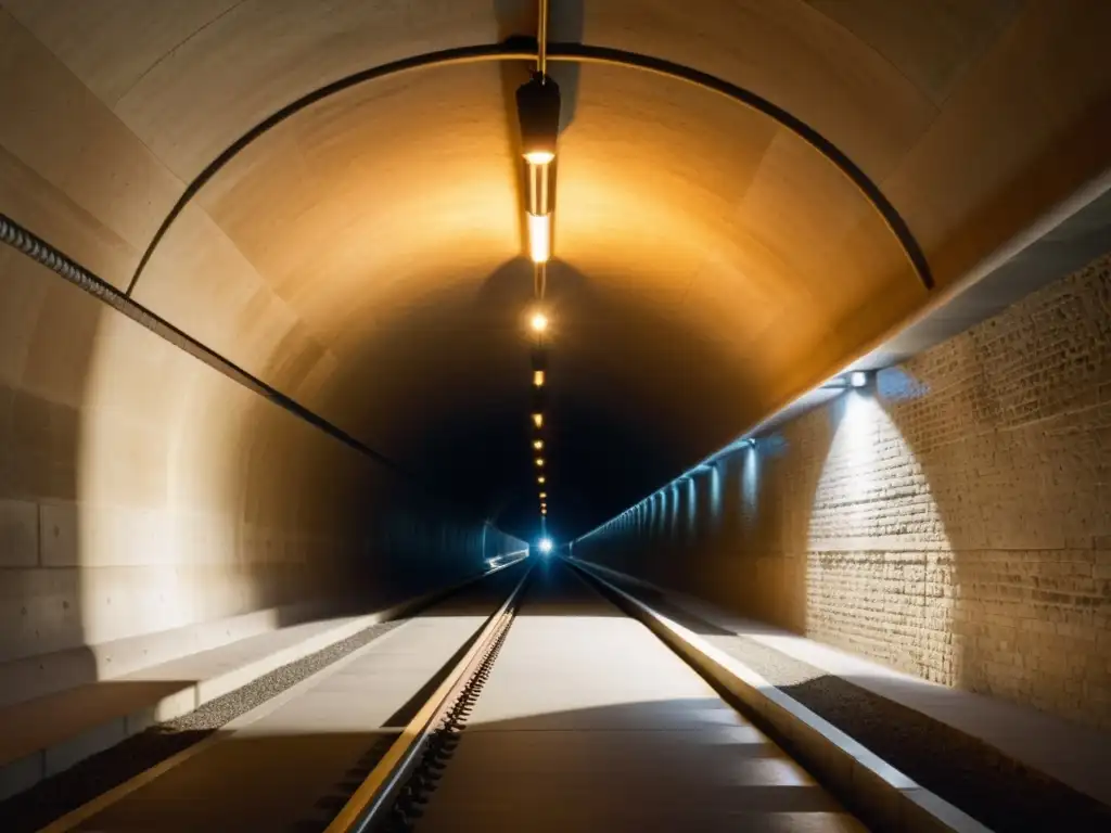 La imagen muestra la iluminación responsable en un túnel histórico, resaltando su belleza arquitectónica con cuidadosos juegos de luces LED