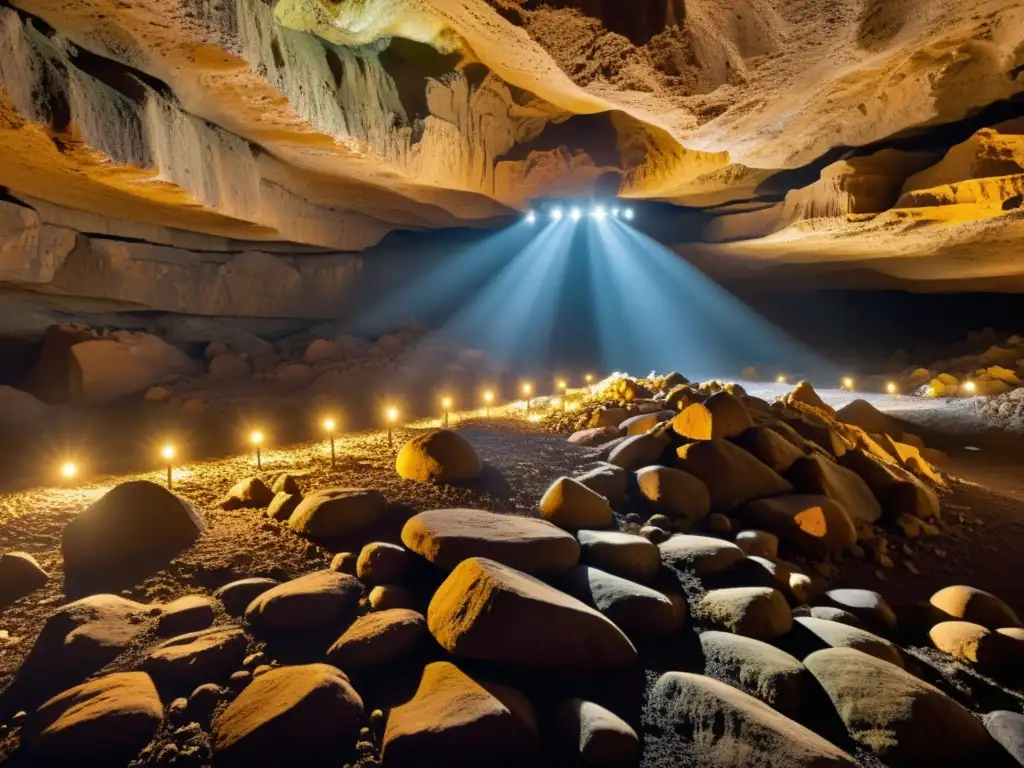 Imagen impactante de una cueva subterránea iluminada, destacando formaciones rocosas