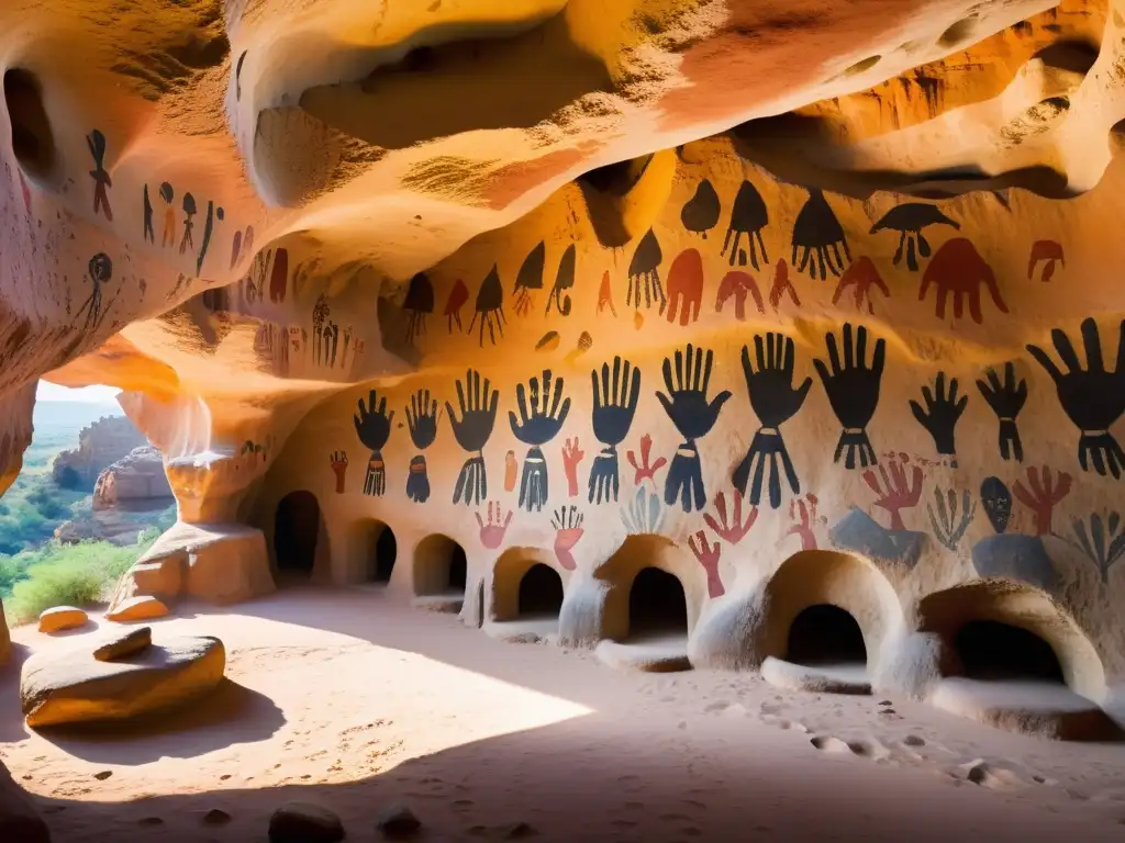 Imagen impactante de las leyendas indígenas en la Cueva de las Manos: mano impresa y pinturas vibrantes en cueva iluminada por luz natural