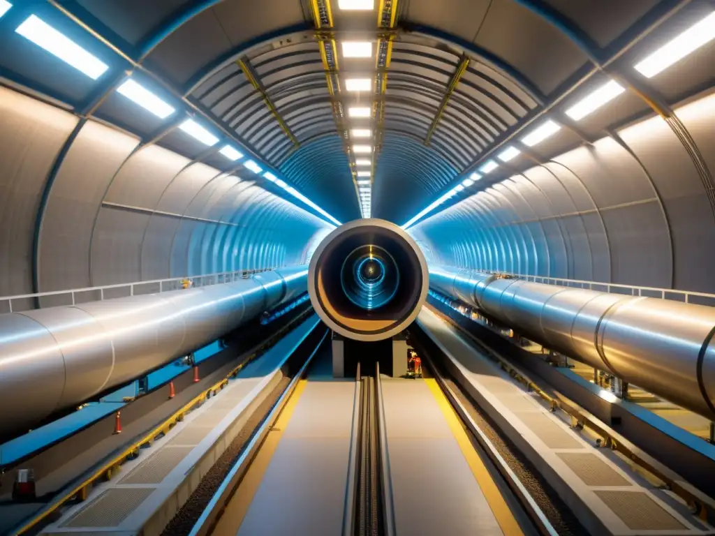 Imagen impactante del túnel subterráneo del Gran Colisionador de Hadrones, con científicos y tecnología avanzada, destacando su escala y complejidad en física de partículas