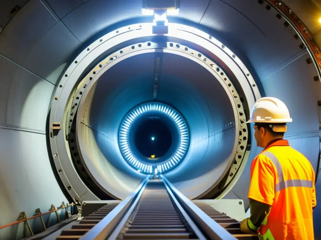 Imagen impactante de tecnología de túneles de vanguardia: tuneladora iluminada muestra cortadora y trabajadores en construcción de túnel