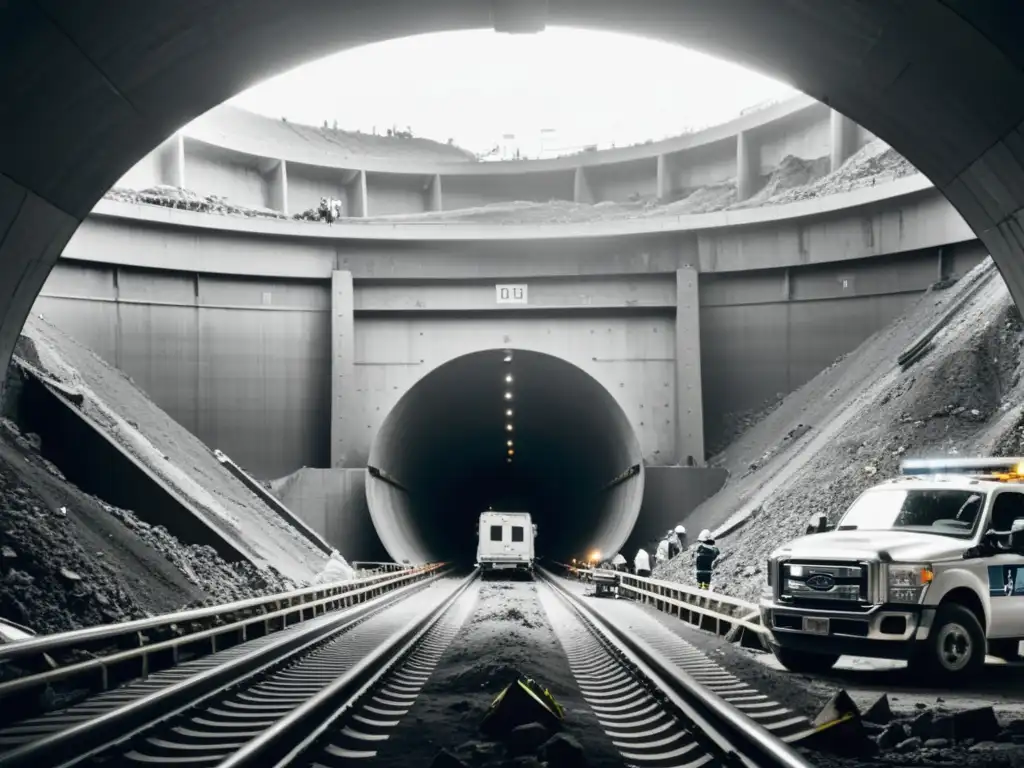 Imagen impactante de un túnel colapsado con escombros y trabajadores en el sitio