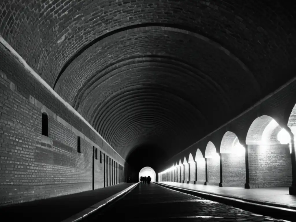 Imagen impactante de un túnel histórico en blanco y negro, con detalles arquitectónicos impresionantes y una atmósfera misteriosa