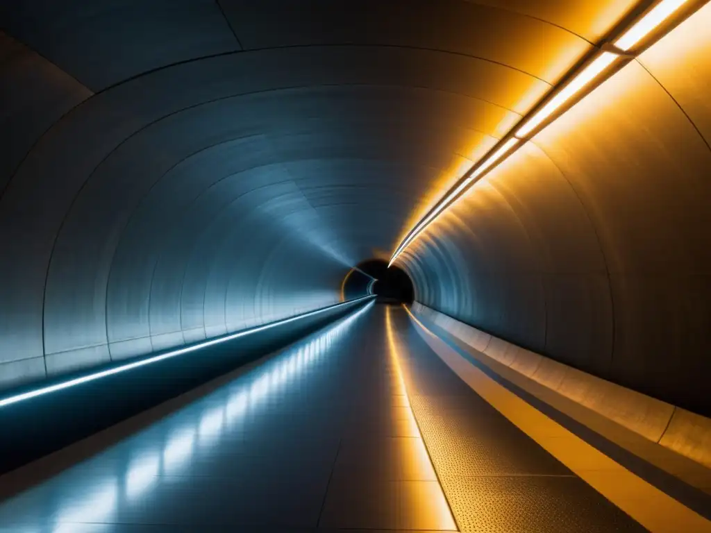 Imagen impactante de un túnel subterráneo bien iluminado con soluciones energéticamente eficientes, destacando la interacción entre luz y sombra