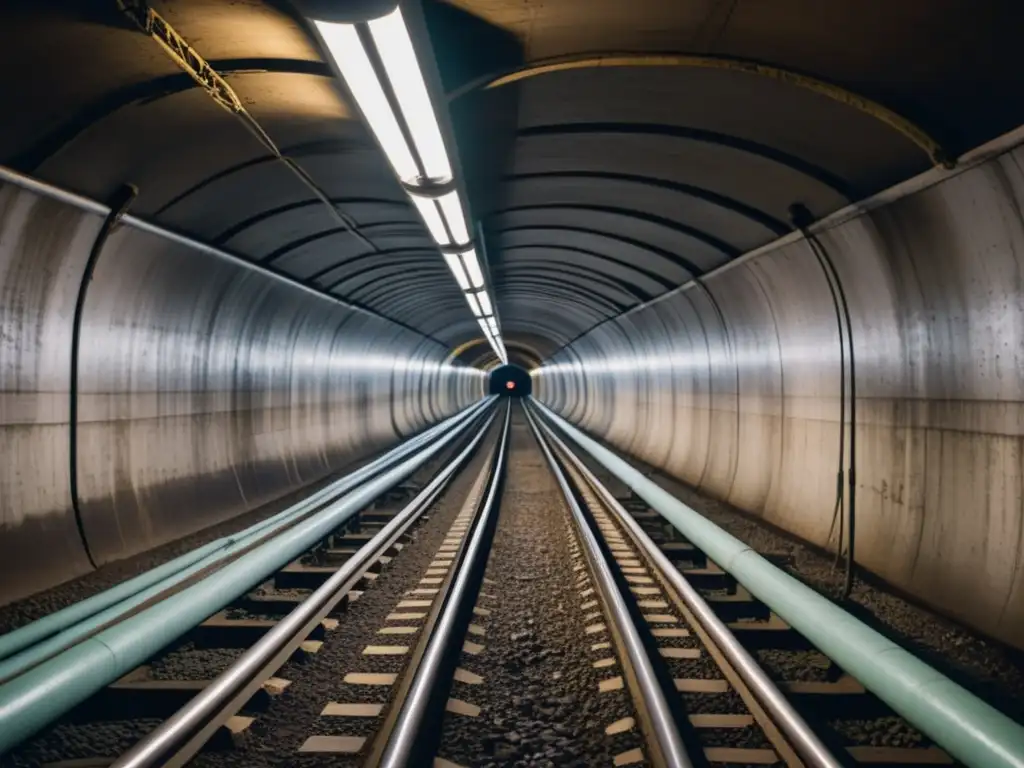 Imagen impactante de un túnel subterráneo urbano, mostrando la red de tuberías e infraestructura con signos de contaminación