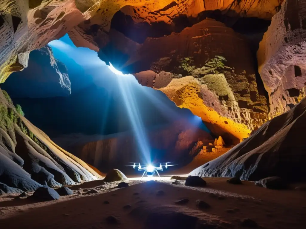 Imagen impresionante de un dron explorando una caverna oscura, iluminando formaciones rocosas con luces LED