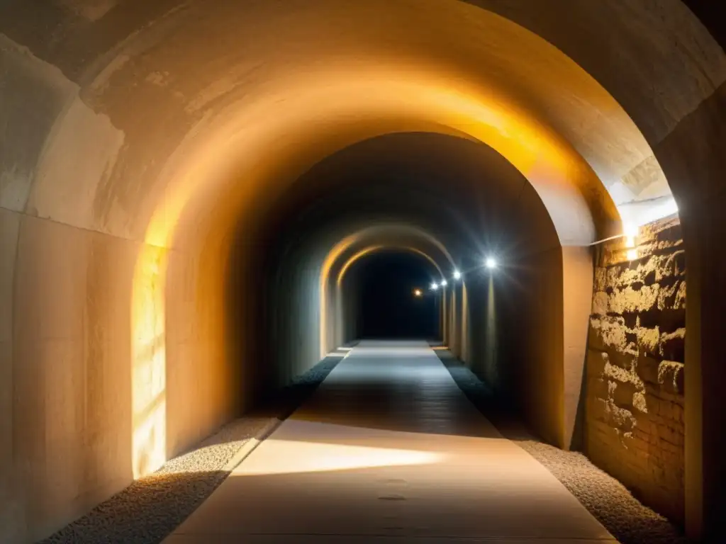 Imagen de alta resolución del interior histórico de un túnel, resaltando la iluminación responsable y los detalles arquitectónicos