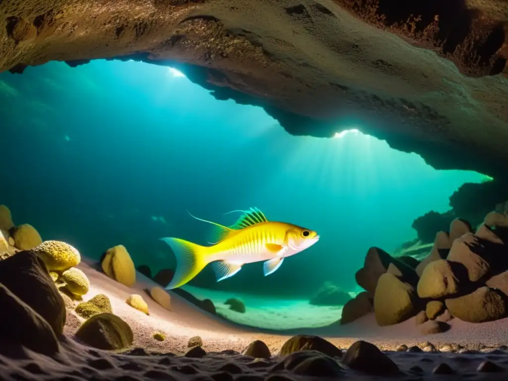 Imagen de una misteriosa fauna nadando en túneles subterráneos, iluminada por su propia luz en aguas oscuras y rodeada de formaciones rocosas