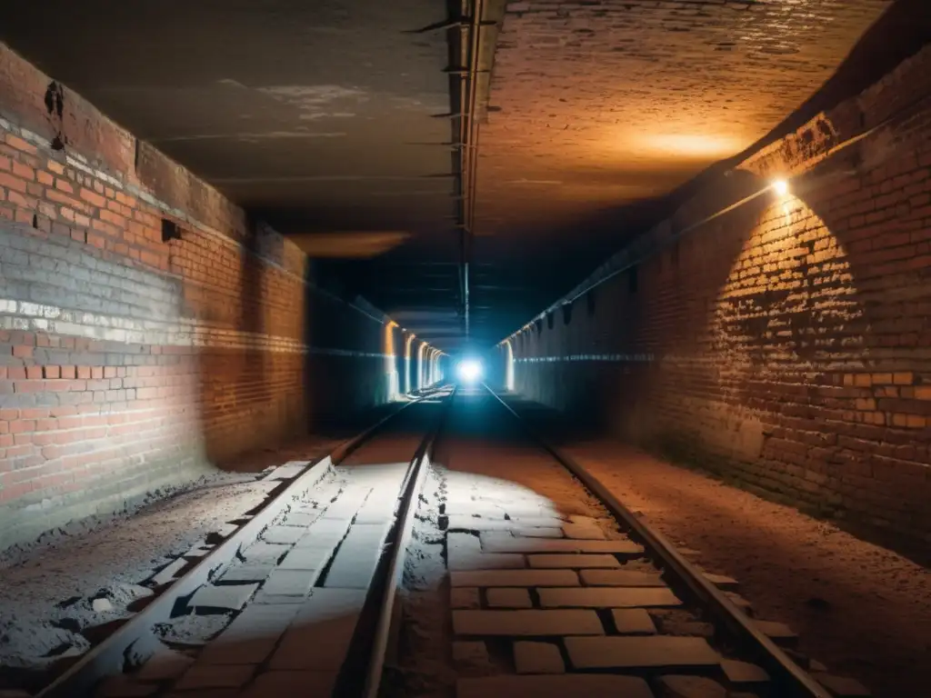 Imagen de un misterioso túnel del Ferrocarril Subterráneo, con figuras en la distancia y dramáticas sombras