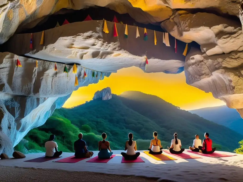 Imagen de las sagradas Cuevas de Retiro en el Tíbet, con meditación y yoga en un entorno espiritual y tranquilo