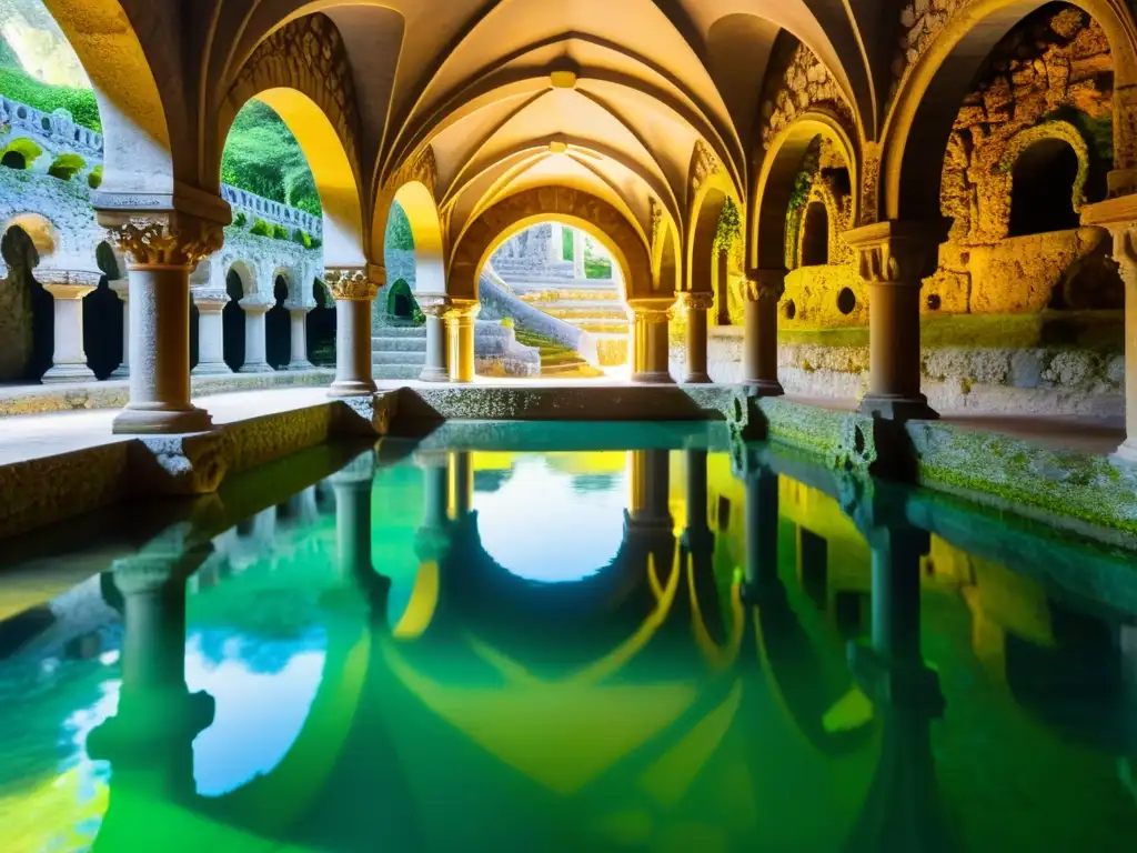 Imagen subacuática de las galerías de Quinta da Regaleira, con una arquitectura intrincada, juego de luces y atmósfera encantadora