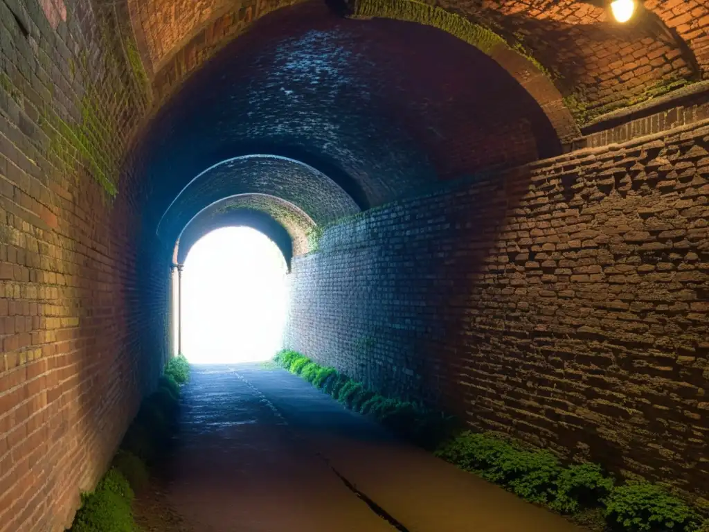 Imagen de un túnel histórico con detalles de ladrillo, iluminación atmosférica y sensación de misterio