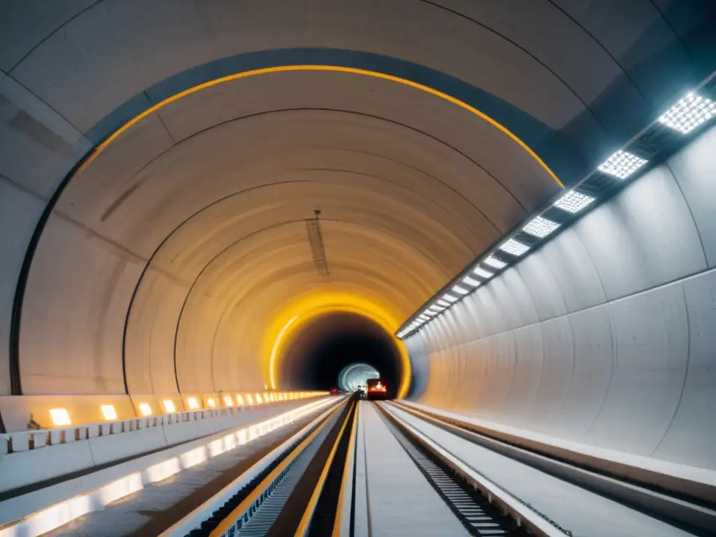 Imagen de un túnel resistente a terremotos y desastres, con estructuras de apoyo detalladas y trabajadores inspeccionando la construcción