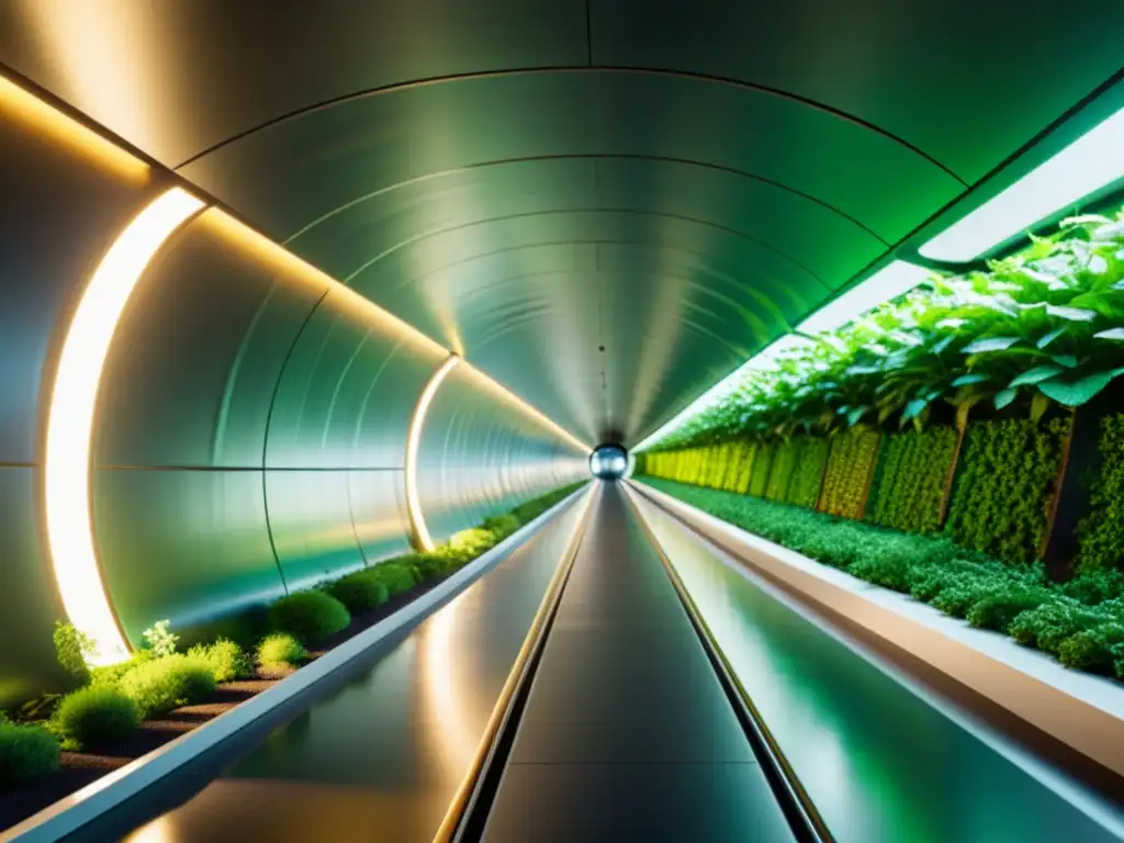 Imagen de un túnel sostenible con materiales autocurantes, diseño futurista y vegetación exuberante