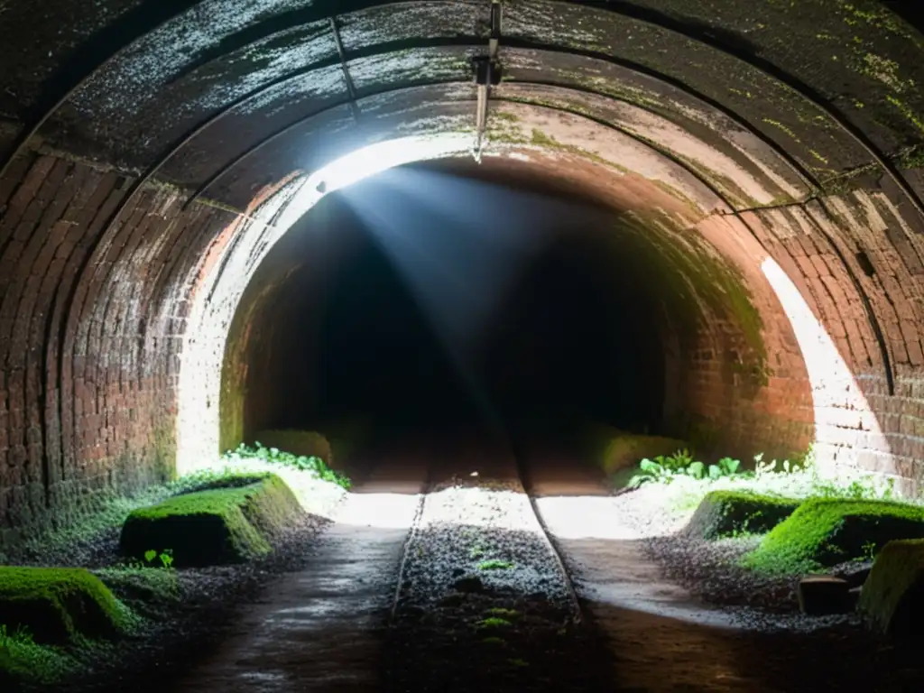 La imagen muestra un túnel subterráneo iluminado por un rayo de luz, con sombras dramáticas y un ambiente misterioso