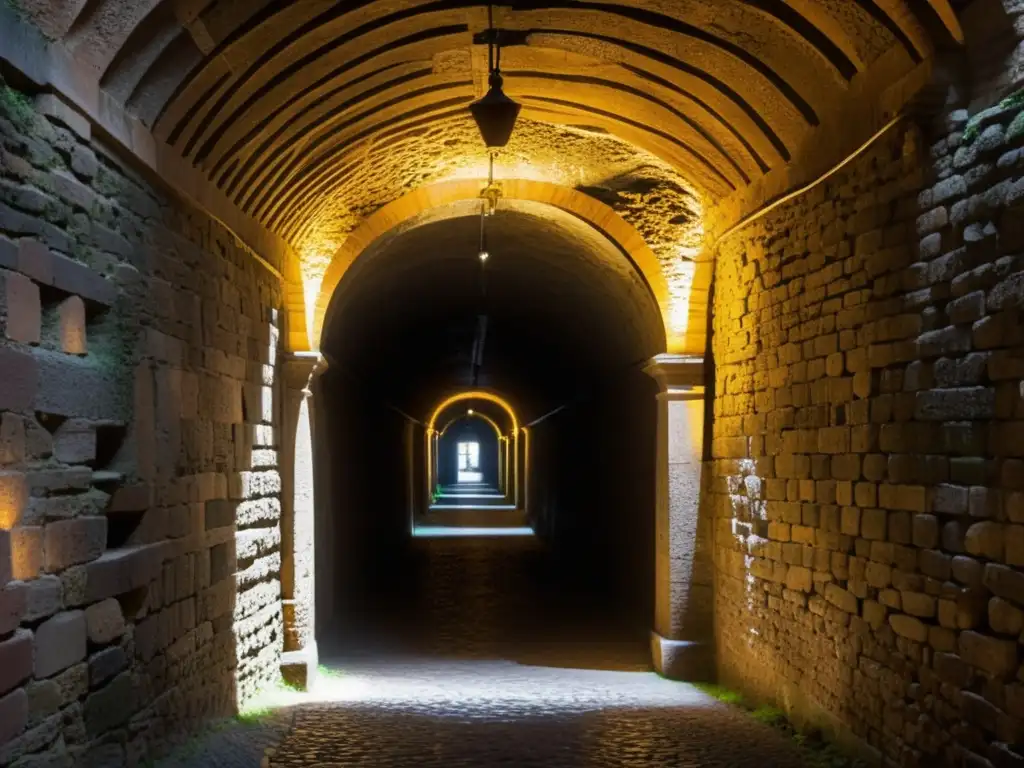 Imagen de un túnel subterráneo en Roma, iluminado con tenues luces, destacando la arquitectura antigua y evocando misterio e historia