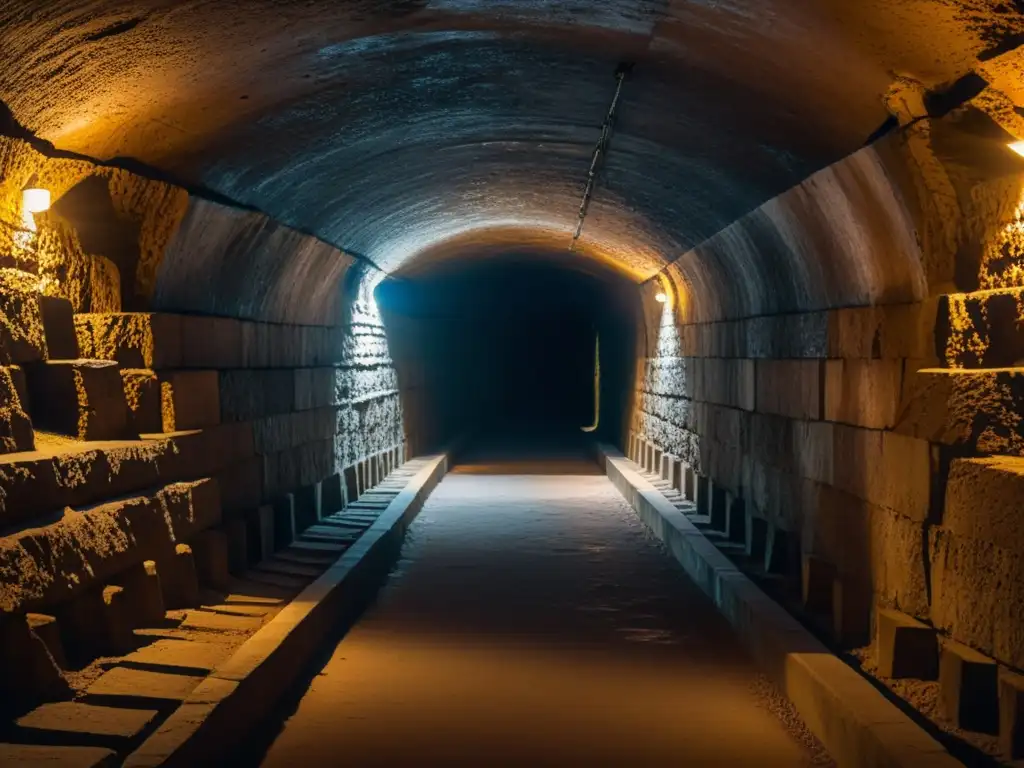 Imagen de un túnel subterráneo iluminado por antorchas, revelando la textura y la historia del lugar