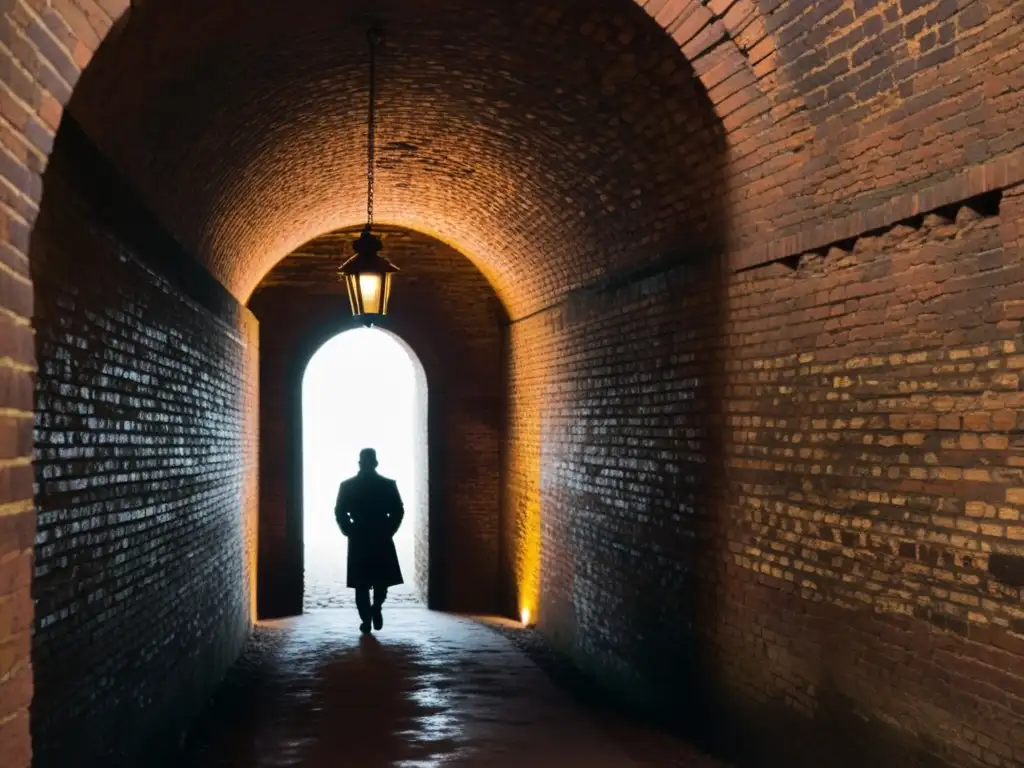 La imagen muestra un túnel subterráneo iluminado con ladrillos y arcos