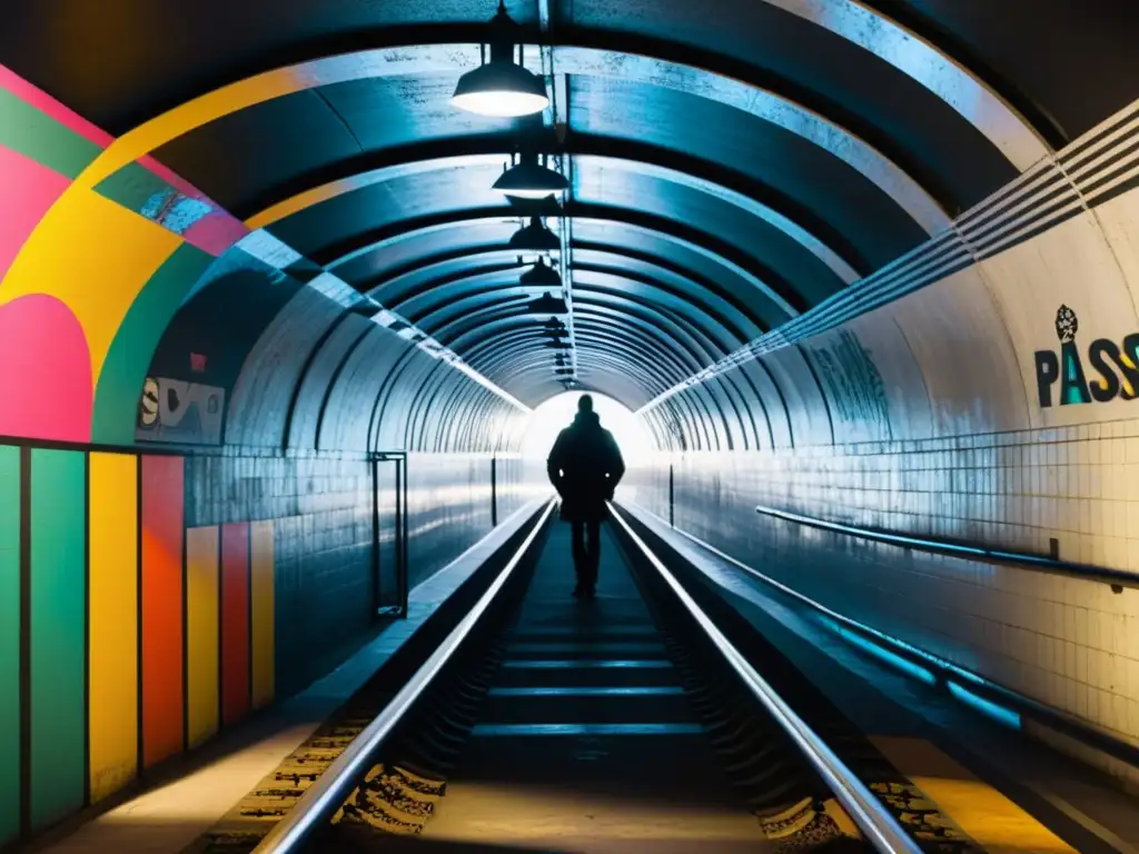Subterráneo misterioso: Graffiti y arquitectura urbana Imagen de un túnel subterráneo con influencia del diseño subterráneo contemporáneo, destacando la arquitectura, sombras y graffiti colorido