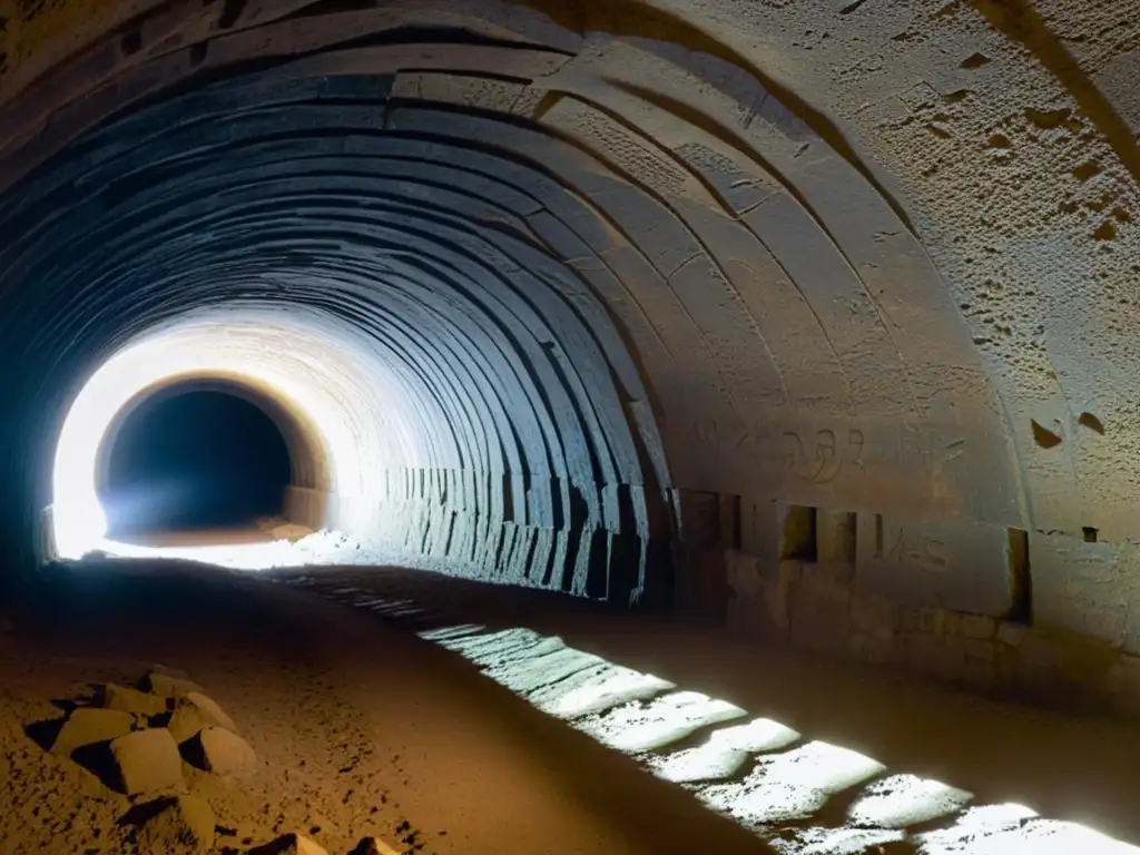 Imagen de un túnel subterráneo oscuro con códigos secretos nazis grabados en las paredes, evocando misterio y pasado oculto