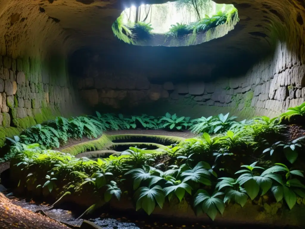 Imagen de túneles históricos con relación a la vegetación local, enredaderas y raíces entrelazadas en paredes de piedra cubiertas de musgo