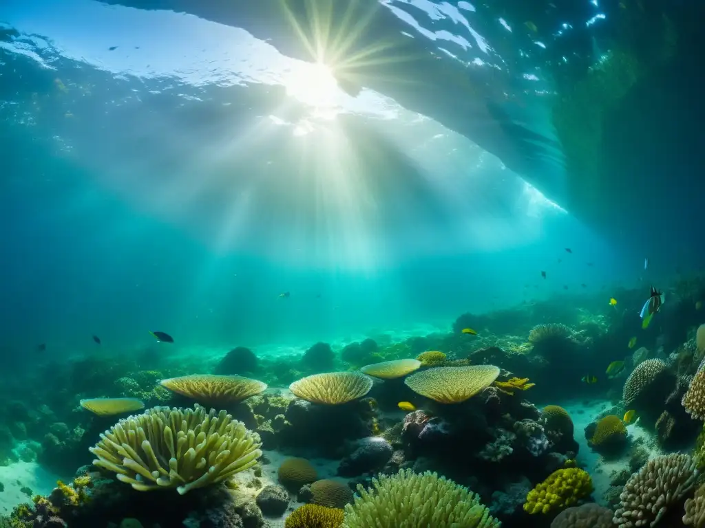 Impacto de túneles en ecosistemas acuáticos: un túnel submarino rodeado de flora y fauna acuática, con un resplandor misterioso y vibrante