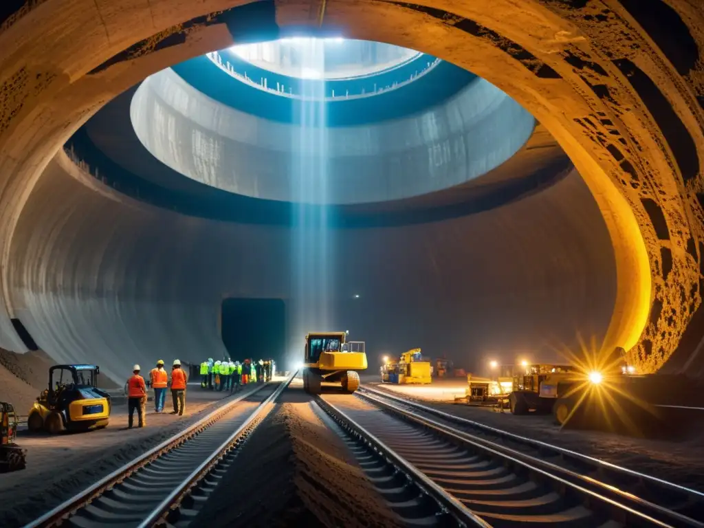 Imponente construcción de accesos a maravillas subterráneas, con trabajadores y maquinaria en una vasta cámara iluminada por artificial luz