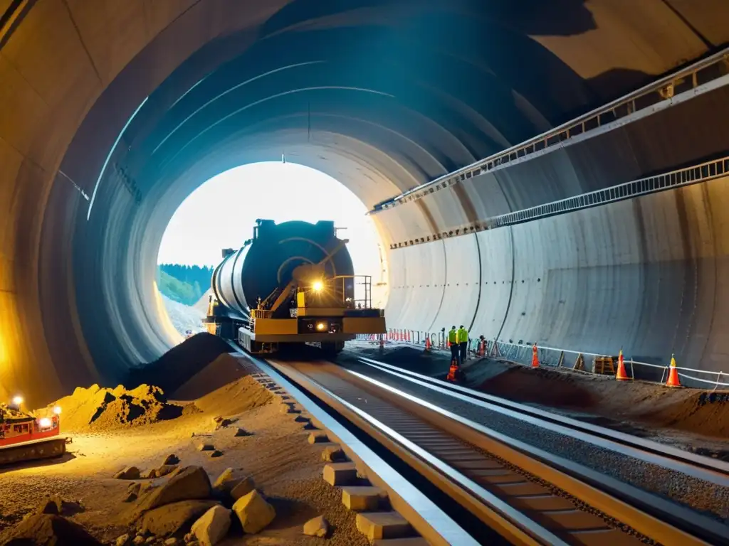 Imponente máquina excavadora de túneles en acción, con trabajadores supervisando