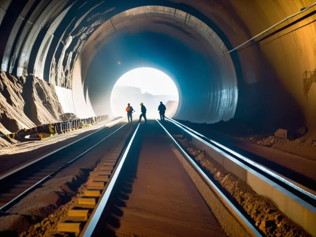 Imponente máquina perforadora en construcción de accesos a maravillas subterráneas, rodeada de trabajadores y dramática iluminación