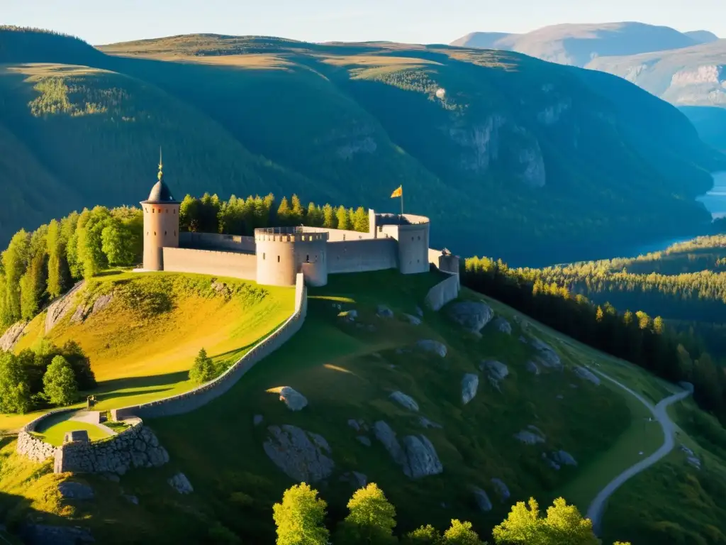 Imponente refugio antiaéreo Suecia Boden Fortress en medio del paisaje nórdico, bañado por la cálida luz solar, con visitantes explorando