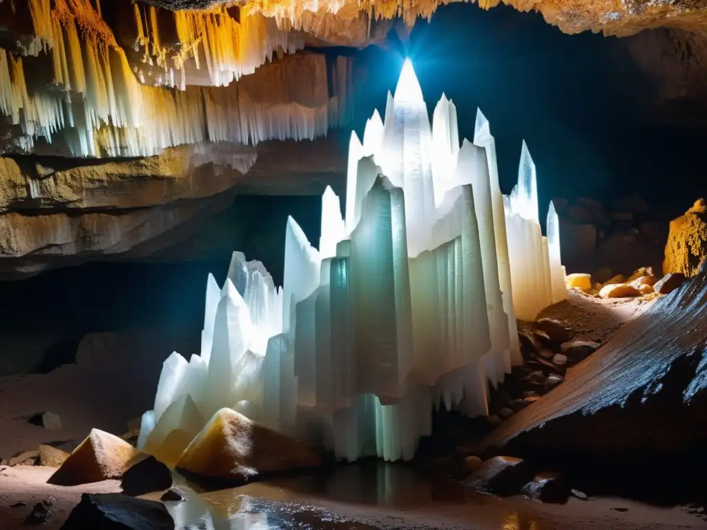 Imponente selenita translúcida en la Cueva de los Cristales Naica, con explorador admirando su grandeza y belleza natural