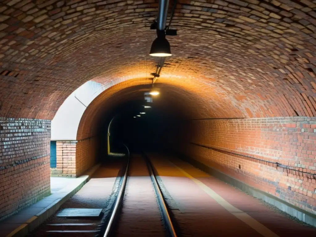 Imponente túnel histórico con intrincada arquitectura de ladrillo y arcos, iluminado dramáticamente, evocando misterio y significado histórico