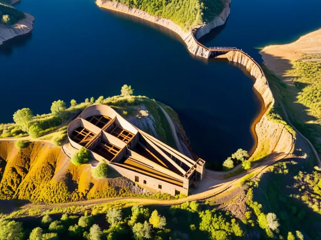 Una impresionante fotografía aérea de una mina abandonada, con intrincados túneles y pozos serpenteando por el terreno