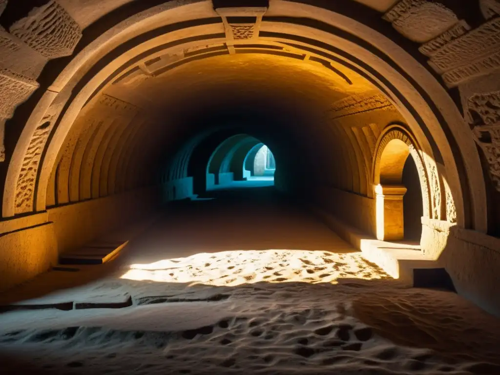 Una impresionante fotografía en ambientes subterráneos históricos, con detalles arquitectónicos iluminados por luz cálida, creando una atmósfera misteriosa y dramática