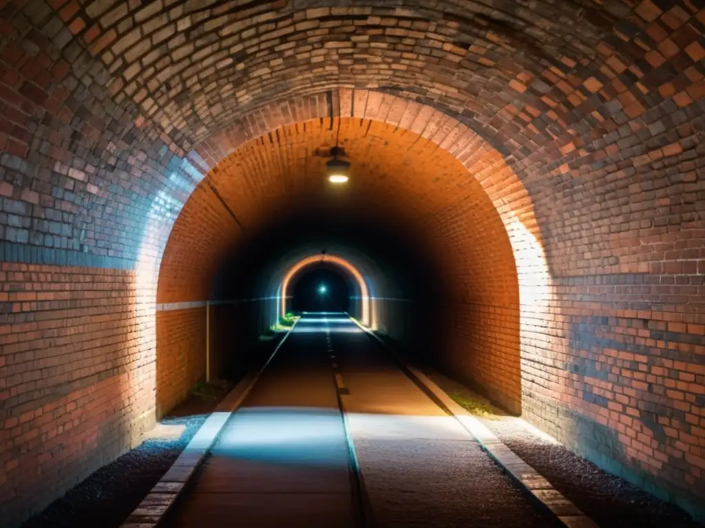 Fotografía de túnel subterráneo con impresionante arquitectura y juego de luces y sombras, creando un ambiente misterioso e intrigante