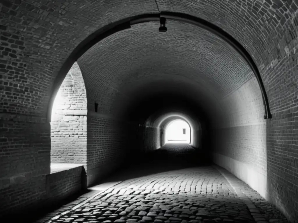 Una impresionante fotografía en blanco y negro de un túnel histórico, con texturas detalladas y una atmósfera misteriosa