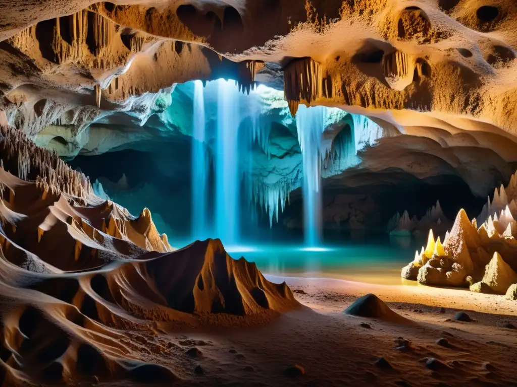 Una impresionante cueva subterránea iluminada por una luz etérea, con formaciones de estalactitas y estalagmitas