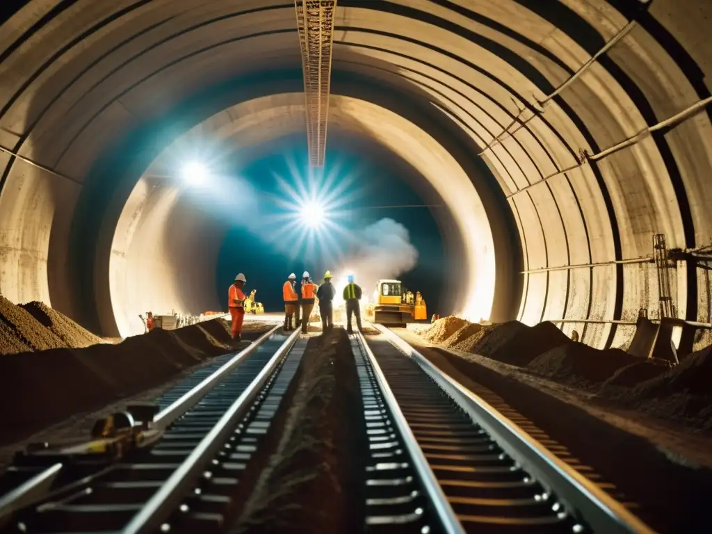 Un impresionante equipo de excavación de túneles en plena acción, rodeado de trabajadores y con dramática iluminación